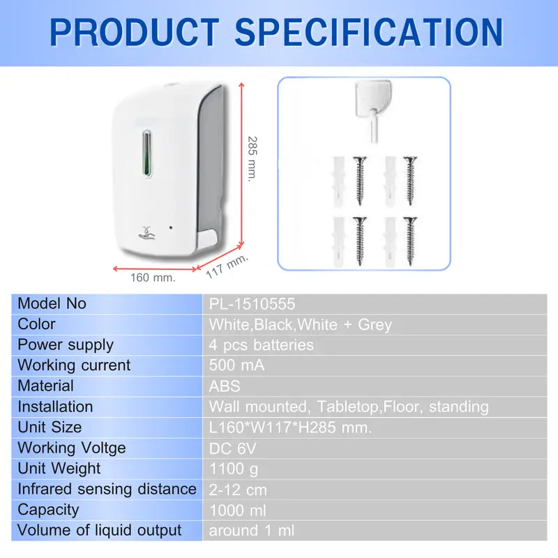 Automatic Touchless Smart Soap Dispenser ABS-Plastic White Wall-Mounted Automatic with Sensor Hand Soap Dispenser, Shower Lotion, Gel, Conditioner (1000 ml)