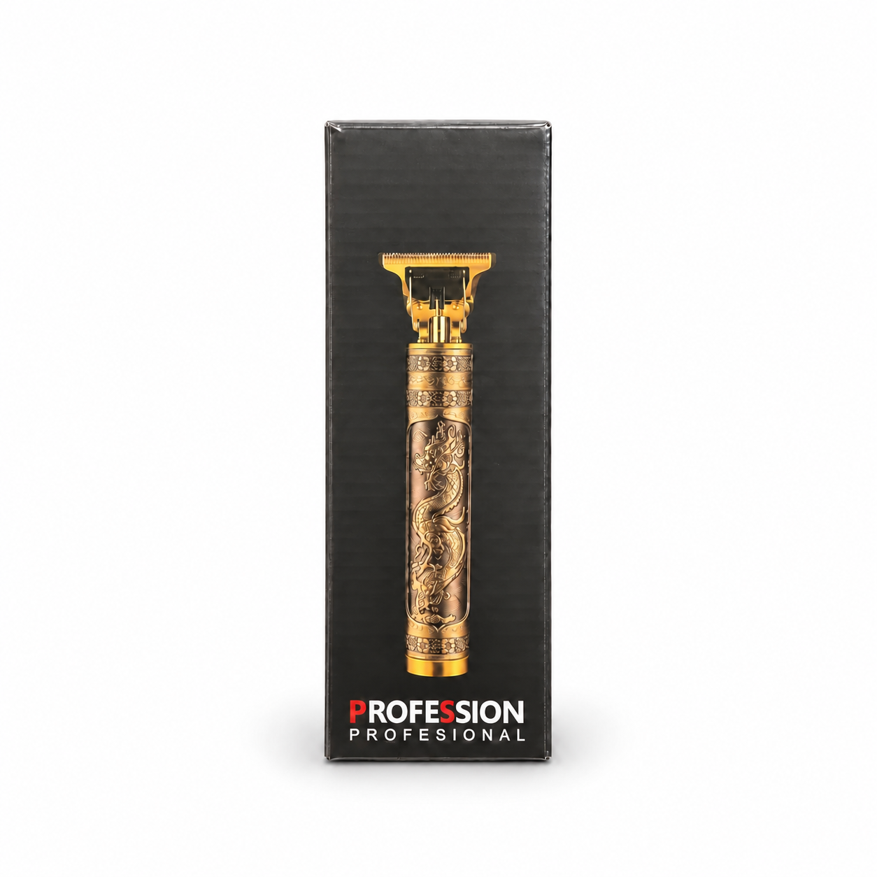 Gold-tone T-blade hair trimmer with dragon-pattern handle pictured on the original black retail box