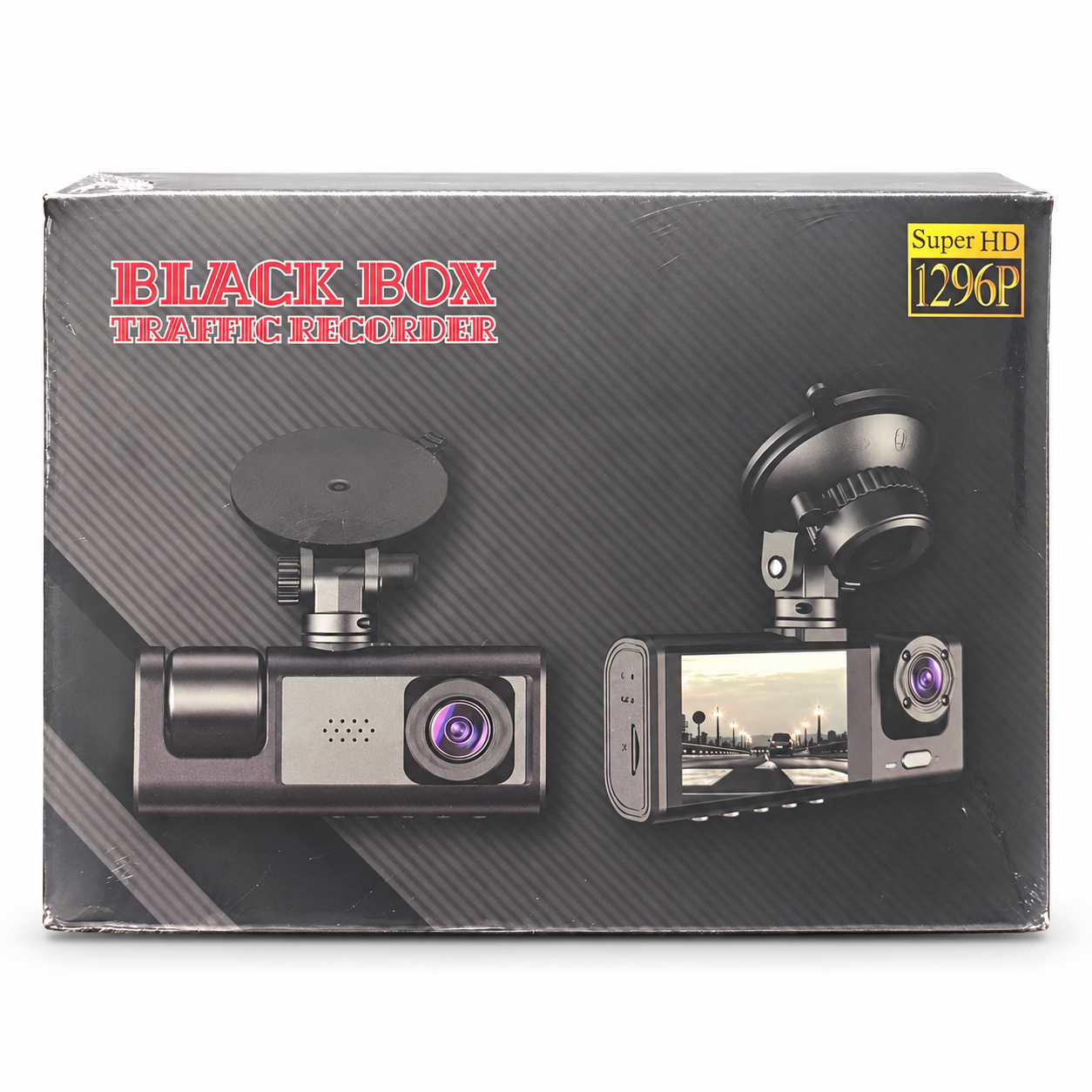 Original black Black Box Traffic Recorder retail package with camera display illustrations and Super HD 1296P marking