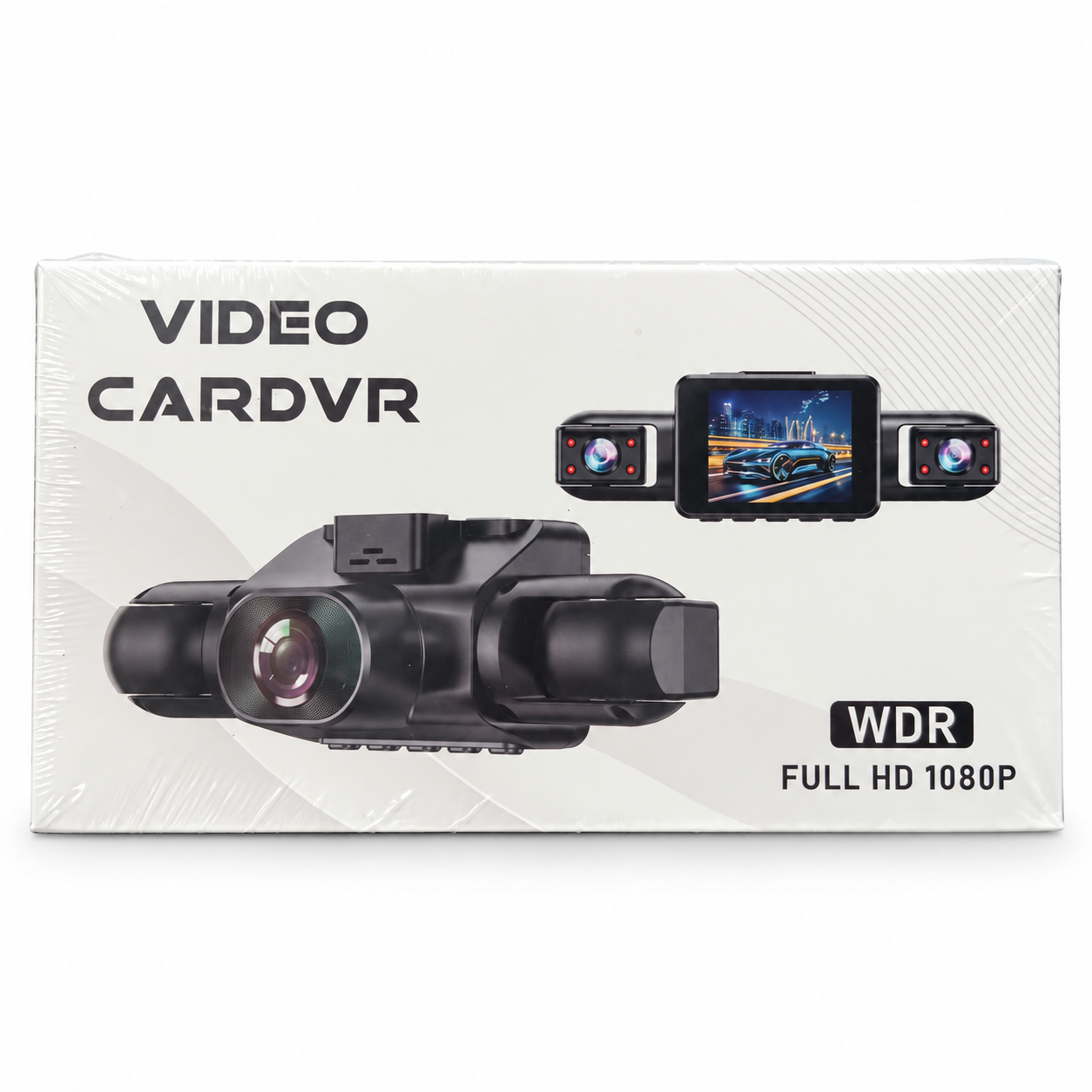 Original white VIDEO CARDVR retail package with multi-lens camera illustrations and WDR Full HD 1080P markings